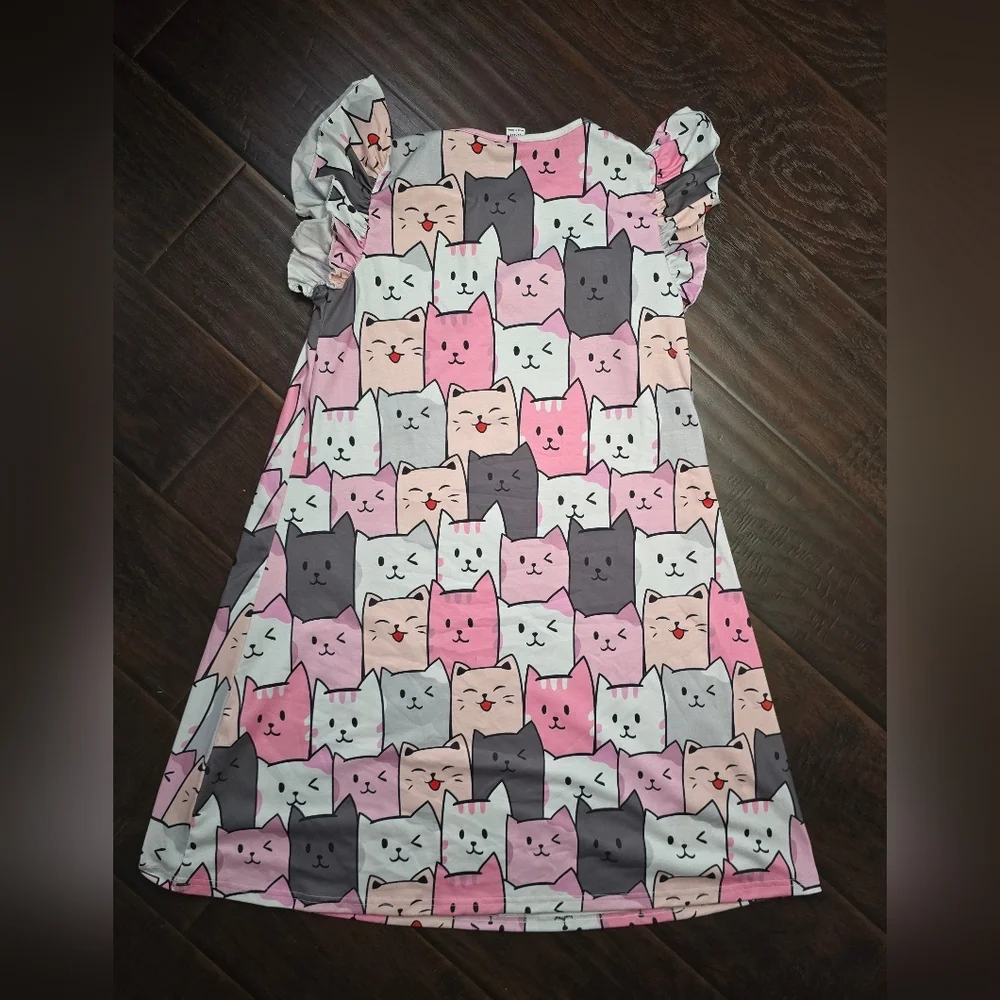 Shein Girls Flutter Sleeve Cat Print Casual Dress 11-12Y